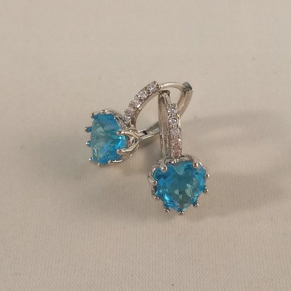 Silver Plated Elegant Heart Blue Diamond Zircon Dangle Earrings Gorgeous Gift - Picture 3 of 7